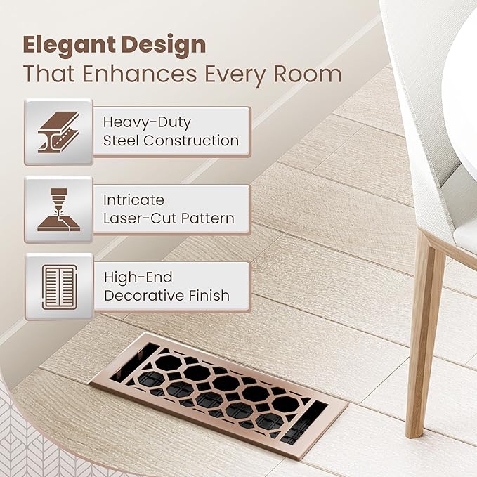 Floor Register 4x10 Vent Cover – 8 Pack – Heavy-Duty Steel, Rustproof & Walkable Grates, Drop-in Install, Adjustable Air Supply Switch - Decorative Honeycomb Design, Satin Bronze