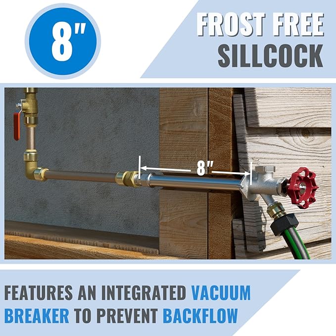 SUNGATOR Frost Free Sillcock, 8" Push Fit Anti-Siphon Hydrant, 3/4-Inch Hose Bibb x 1/2-Inch Push Adapter, No Lead Brass Valve with Tape & Disconnect Clip, Push-to-Connect