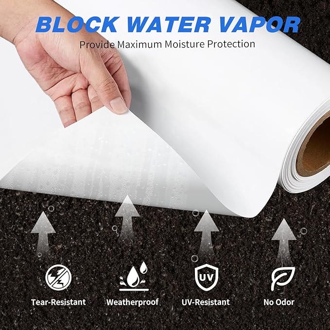 White Crawl Space Vapor Barrier, 10 Mil Vapor Barrier, 10' x 10', White Thick Plastic Sheeting, Heavy Duty Polyethylene Film, White Plastic Drop Cloth Covering for Crawlspace, Basement