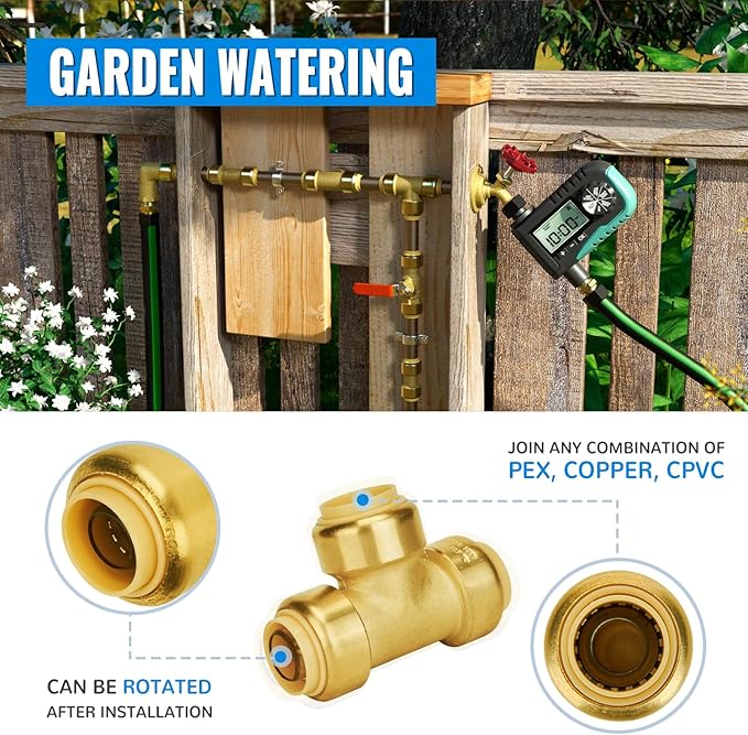 SUNGATOR 12-Pack Tee Plumbing Pipe Connector, 3/4-Inch Push Fit PEX Tee, No Lead Brass T Fittings with Disconnect Clip, Push-to-Connect, Copper, CPVC