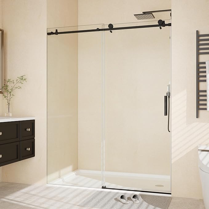 Frameless Sliding Shower Door - 56 to 60 Inch Adjustable Width x 76 Inch Height, 8mm Tempered Glass with Soft Close & Easy-Clean Coating, Stainless Steel Round Rail & 55 Rollers, Matte Black Finish