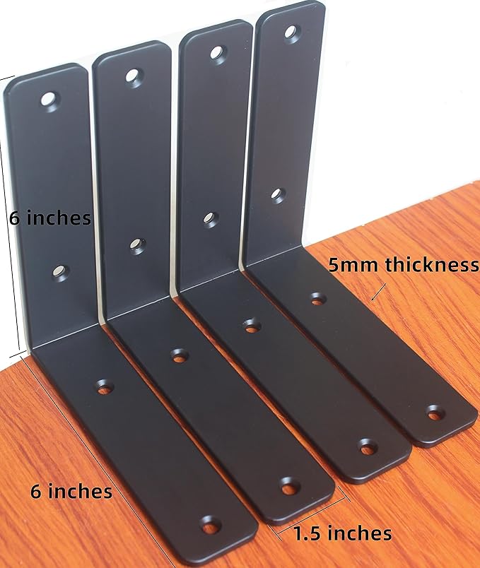 12 Pack - L 6" x H 6" x W1.5, 5mm Thick Black L Shelf Bracket, Iron Shelf Brackets, Metal Shelf Brackets, Floating Shelf, Shelf Supports with Screws