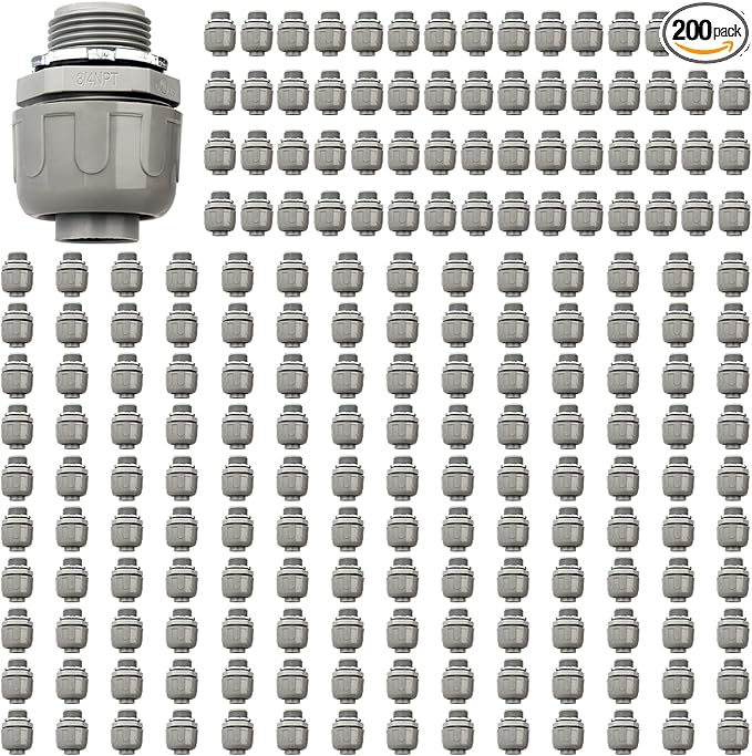 Conduit Connectors, 3/4 Inch Liquid Tight Connector NPT Non-Metallic for PVC Electrical Flexible Conduit Fittings, 180 Degree Straight, UL Listed for Home Outdoor Tubes Tools, Grey (200-Pack)
