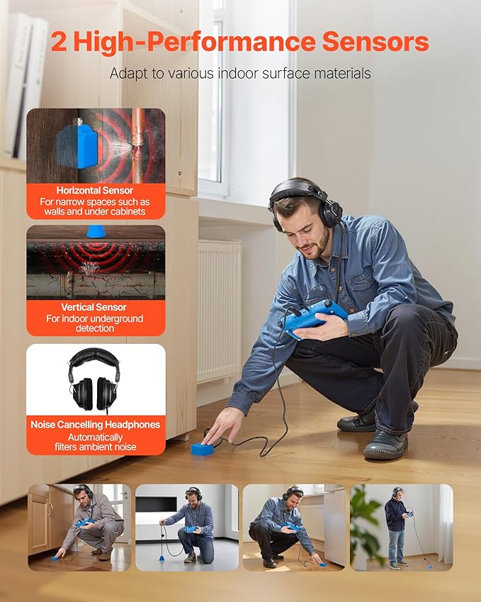 VEVOR Pipe Water Leak Detector for Indoors, 1Hz-10000Hz, 7" Touchscreen Plumbing Water Leakage Detection Locator with Horizontal & Vertical Sensors, Headphones, 8GB SD Card & Carry Case for Home Use