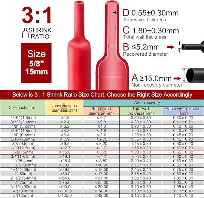 Chanzon 3:1 Ratio 5/8" (15mm) Heat Shrink Tubing - Marine Grade Waterproof Adhesive Lined - 4Ft Roll (1.22M Total Length) Red Polyolefin Sleeving Wrap Shrinking 3 to 1 Ratio 1pcs
