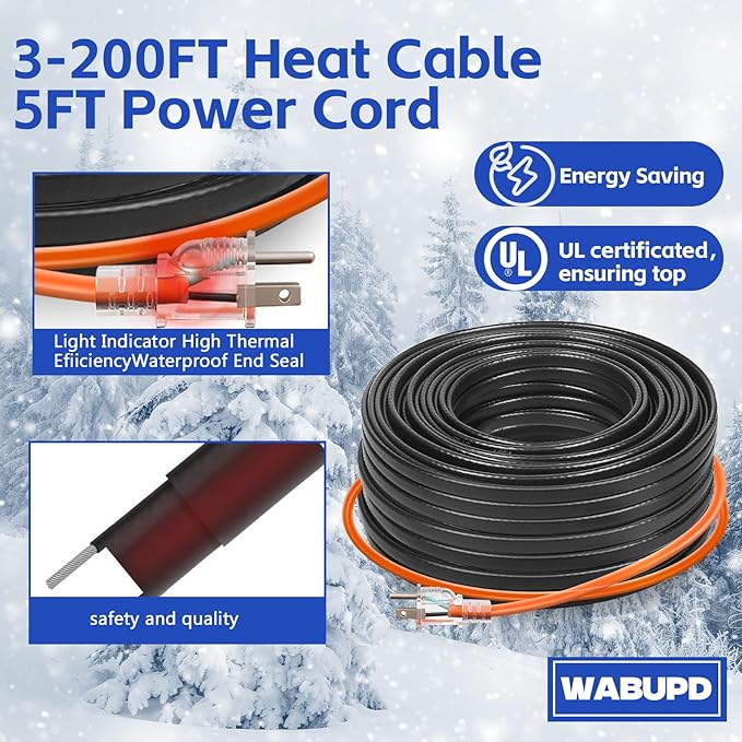 3FT-200FT Heat Tape for Water Pipes, -40°F Deicing Pipe Heat Cable,Electric Heating Cable Pipe,Frezze Protection for Heat Trace Cable for Metal, Plastic Home Pipes,Gutter,120V 5W/ft（140FT）