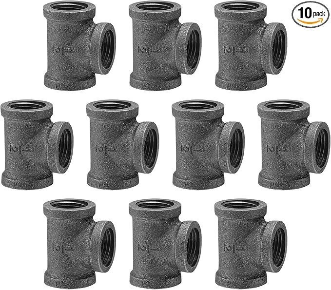 1/2" Pipe Fitting Tee, 10 Pack DN15 Threaded Gray Junctions of Metal for Pipes Steampunk Vintage Shelf Bracket DIY Plumbing Pipe Decor Furniture (10, 1/2")