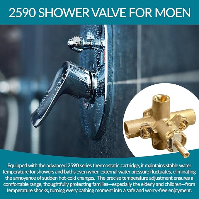 2590 Shower Valve, Shower Valve Replacement for Moen Valve-1/2 Inch IPS Connections, Pressure Balancing Cycling 4 Port Tub and Brass Shower Valves with Stops. Includes 1222 Cartridge