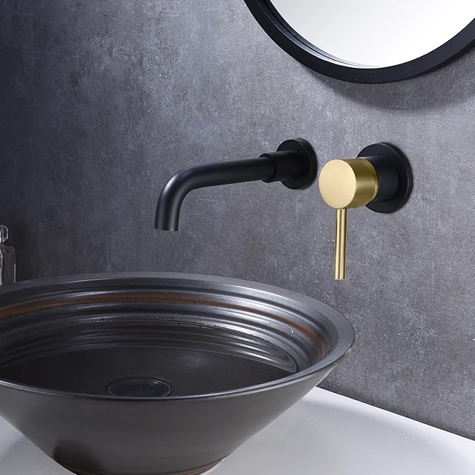 SUMERAIN Wall Mount Bathroom Faucet Black and Gold Wall Mount Faucet for Bathroom Sink, with Two Handles and Rough in Valve