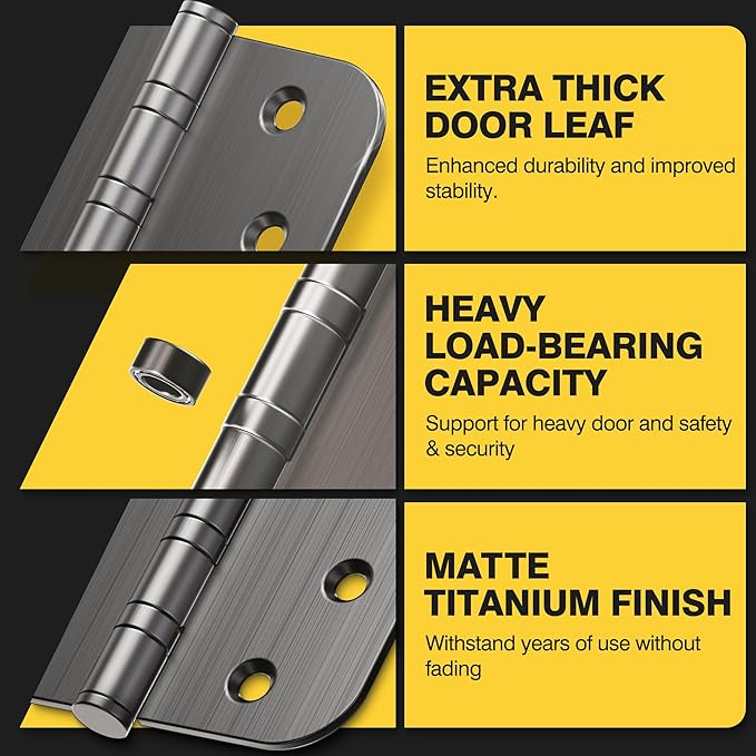 KOLET Ball Bearing Door Hinges, 3.5 x 3.5 Inches Door Hinges, 5/8'' Radius Corner Heavy Duty Stainless Steel Hinges, Smooth and Quiet, Non Removable Pin, Platinum Grey, 3 Pack