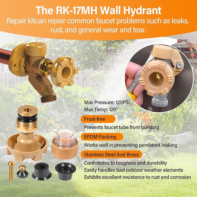RK-17MH Outside Faucet Repair Kit Metal Handle - Replacement for Woodford Model 17 Outdoor Wall Hydrant, Frost-Free Design, EPDM Packing, 12-Piece Kit