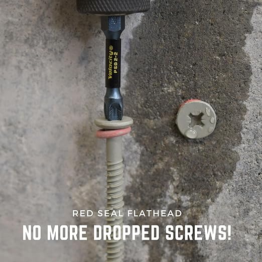 Velocity 2 1/4 Concrete Screws Kit with RedSeal Moisture Barrier (Flat Head, Size 1/4”) – Includes 12 High-Performance Concrete Screw PCS, 1 Drill Bit, and 1 Driver Bit