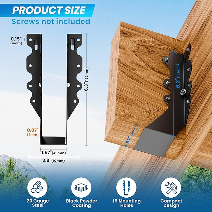 25 pcs 2x8 Joist Hangers Black Face Mount Joist Hangers , 2x8 Brackets Fits Truss Connectors,Rafter Brackets for Floor Deck and Ceiling Joists Q235B Steel Black Powder Coated