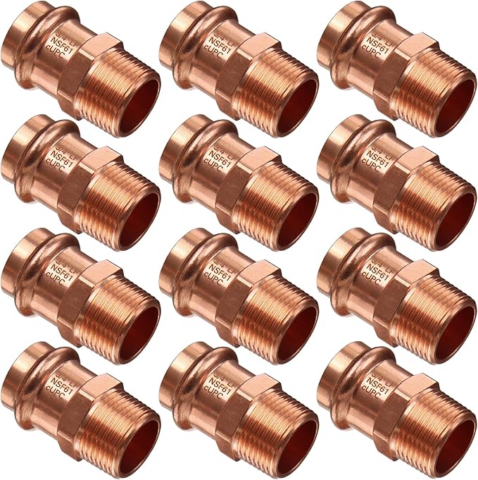 Copper Press Fittings Adapter,12PCS Plumbing 3/4” Press Fittings x 3/4” Male NPT Copper Press Male Adapter Pressure Coppers Fitting, 3/4” Male NPT x 3/4” Press LF Coppers Press Adapter Fittings
