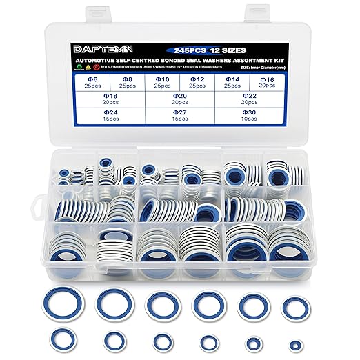 245PCS Metric Bonded Seal Dowty Washer, NBR Zinc-Plated Automotive Self-Centred Seal Rubber Washers, Gasket Seal Crush O-Ring Assortment Kit Set, Includes Sizes of M6-M30