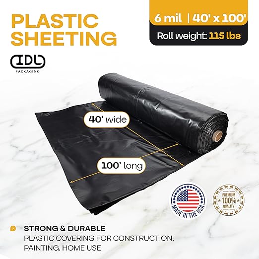 Black Construction Plastic Sheeting 6 mil, 40' x 100' (4000 sq. ft.) - Thick Plastic Cover for Construction, Painting, Greenhouse - Heavy Duty Plastic Sheeting - LDPE Plastic Roll by IDL Packaging