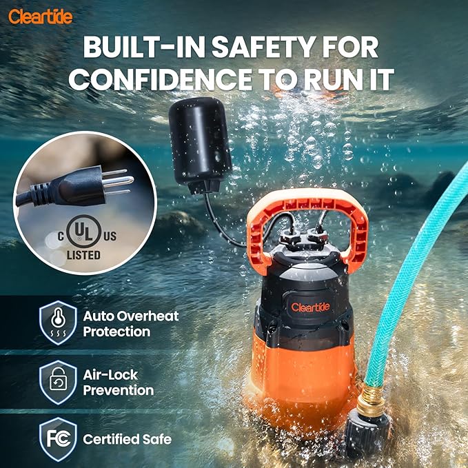 Cleartide Submersible Sump Pump with Tethered Float Switch, 1/3 HP Utility Water Pump,100% Copper Motor, Electric Drain Pump Handles 3/8" Solids, 10 FT Cord