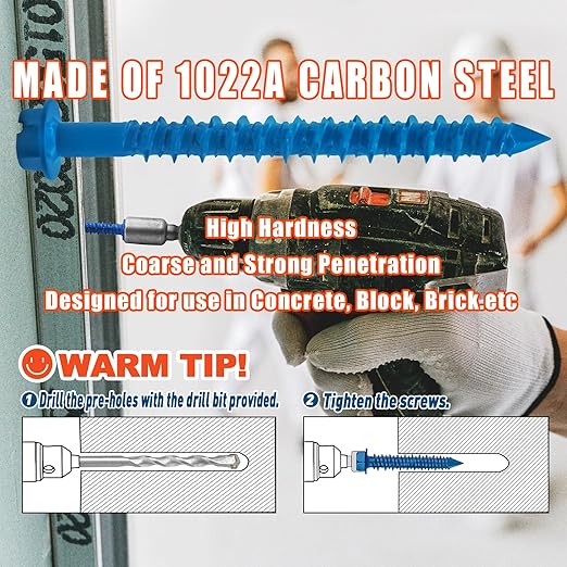 100Pcs 3/16" x2-1/4 Concrete Screws with Drill Bit, Hex Head Concrete Cement Screws Anchor Assortment Kit for Masonry, Block Brick or Stucco