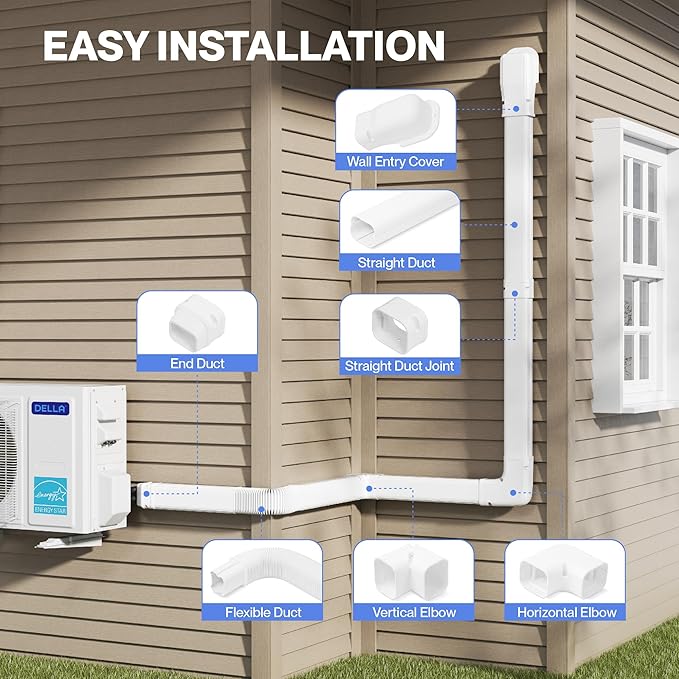 DELLA 3" 15.5 Ft Mini Split Line Set Cover with Flexible Duct, Decorative PVC Lineset Cover Kit, Paintable for Mini Split Air Conditioner, HAVC & Heat Pumps Systems Tubing Cover, White