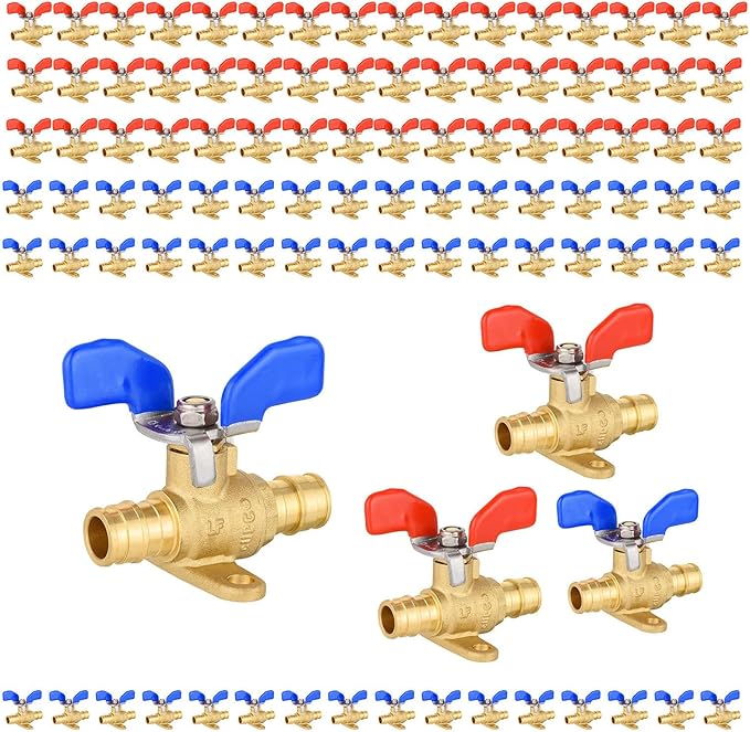 100 Pack Foskan PEX-A Expansion Drop Ear Ball Valve, 3/4" Full Port Shut-off Valve with Blue or Red Butterfly Handle for PEX-A Pipe Connection