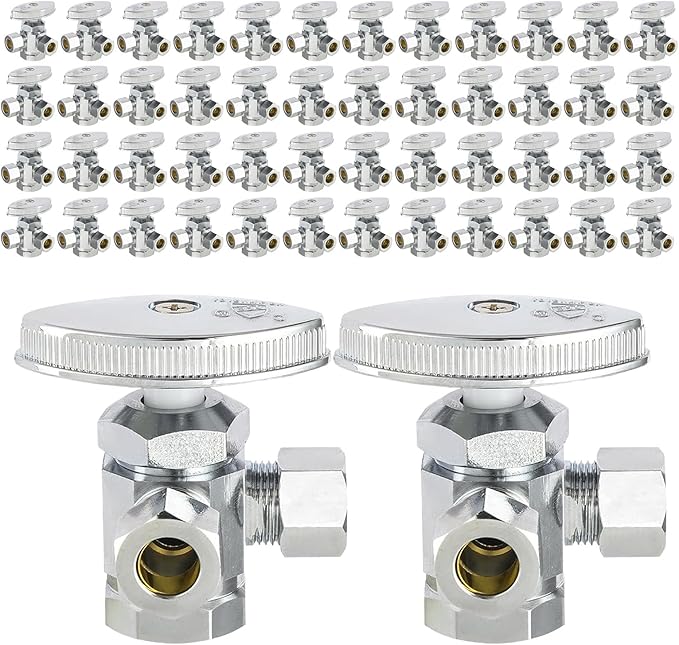 (Pack of 50) EFIELD Dual Compression Outlet Multi-Turn Angle Stop Valve,1/2" Fip Iron Pipe x (3/8 inch x 3/8 inch),Chrome Plated Brass (50),(VALVE189-50PCS)