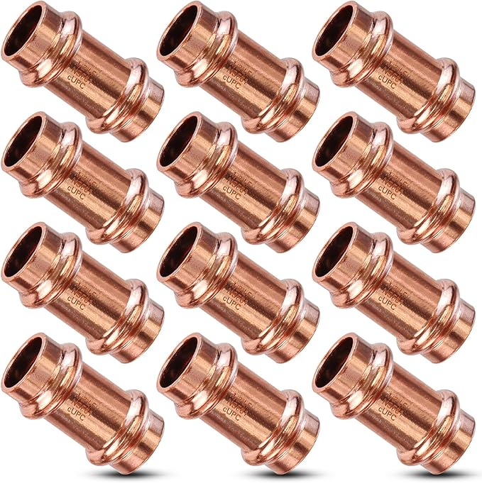 Copper Press Fittings,1/2inch Copper Coupling with Stop 1/2-Inch PxP Zero Lead,Outer Diameter 5/8”,12PK Press Fittings 1/2” Coupling with Stop for Plumbing,Use with Hydraulic Press Fitting Tool