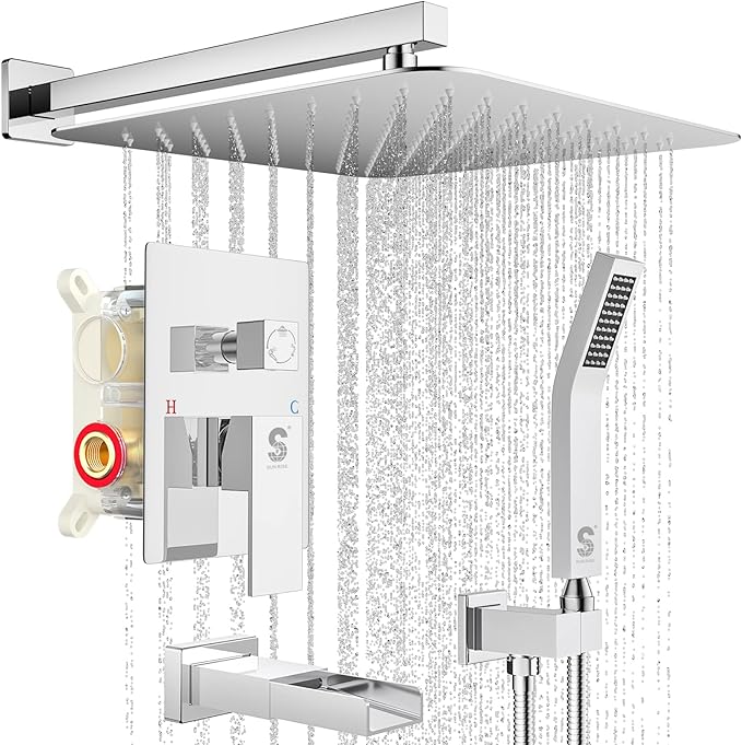 SR SUN RISE 16 Inches Bathtub Faucets Sets Complete Shower System with Tub Spout Wall Mounted Square Shower Head with Handheld Spray Shower Fixtures Contain Valve and Trim Kit, Polished Chrome