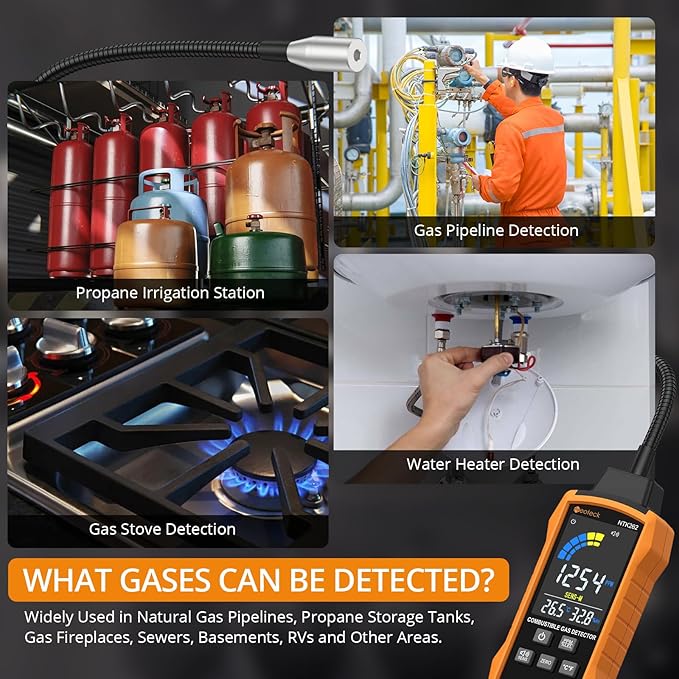 Neoteck Natural Gas Detector 0-9999PPM/0%-20% LEL Gas Leak Detector with 12” Gooseneck Combustible Gas Detector with 3 Sensitive Modes Test Methane Propane Gasoline for Gas Pipeline Gas Stove and RV