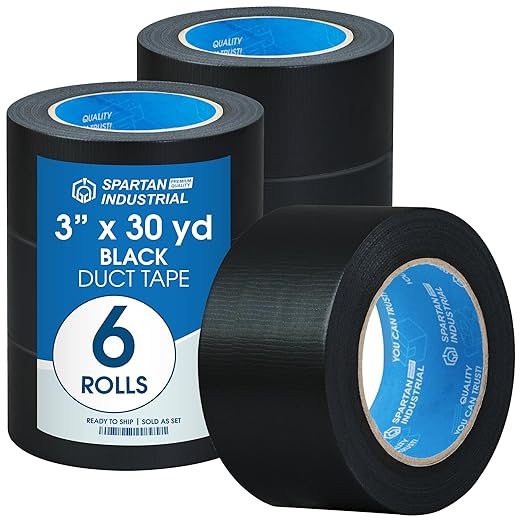 SPARTAN INDUSTRIAL - 3" X 30 yd Water-Resistant Black Tape - 6 Heavy-Duty Duct Tape Rolls for Indoor and Outdoor Use - No Residue, 9 Mil