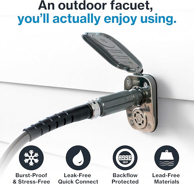Aquor House Hydrant V2+ Frost Free Outdoor Faucet, Anti Siphon Valve with Quick Connect, Frost Proof Flush Wall Hose Bib, 10 inch Stem, 11-1/2 inch Install Depth, Slate Gray