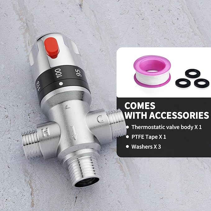 Thermostatic Mixing Valve with 1/2 NPT Male Connection, Water Temperature Constant Control Valve, Fahrenheit Scale Mark, Solid Brass,Grey