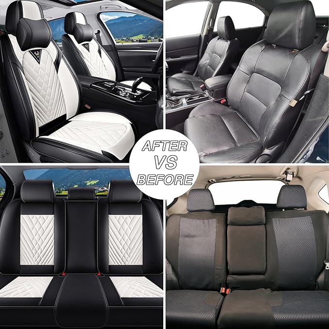 Car Seat Covers for Jaguar E-PACE 2018-2024,Breathable Nappa Leather Car Seat Protector,Front Seat Cover with Pillow Automotive Seat Cushion with Airbag Compatible(Front Seats,Black-White)