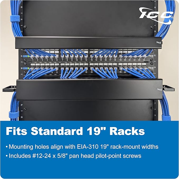 ICC 1U Ring Cable Manager Panel with Cover, Metal, 3" D-Rings, Horizontal and Vertical Cable Management, Rackmount for 19” Network Racks, Black, Single Pack
