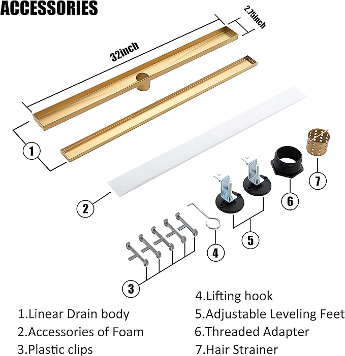 32 inch Linear Shower Drain with Removable Square Hole Panel by Using Brushed 304 Stainless Steel Process, Linear Drain Equipped with Adjustable Feet and Hair Strainer(Brushed Gold Color)