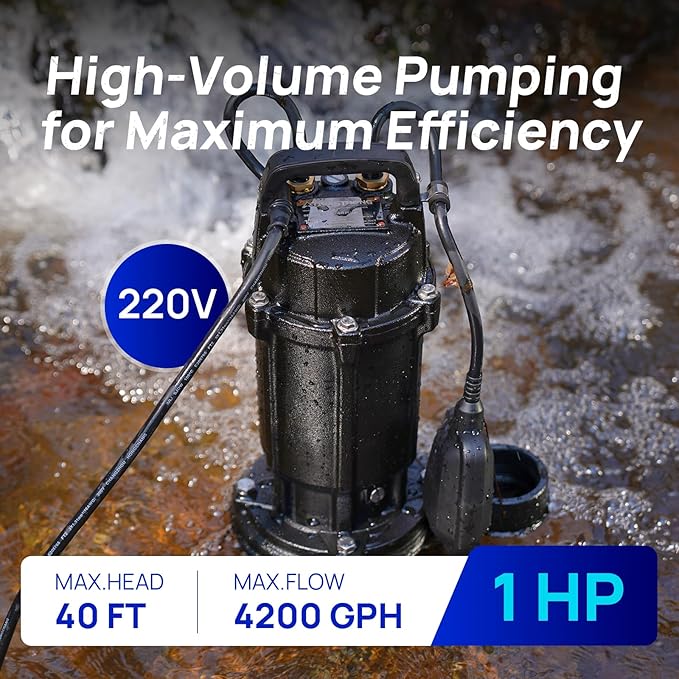 Aquastrong 1 HP Sewage Grinder Pump, 220V 4200 GPH Sewage Pump 2 inch Discharge with Auto Float Switch for Basement Sump Basin and Sewage Well