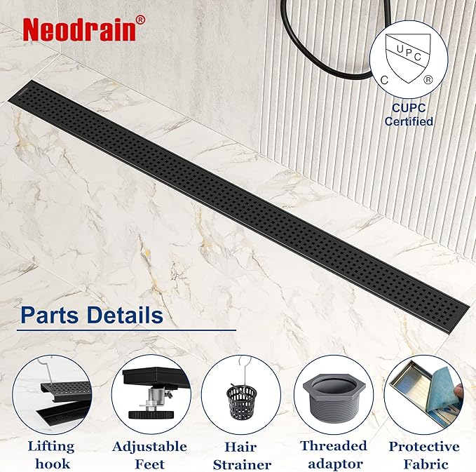 Neodrain 48-Inch Black Linear Shower Drain with Removable Quadrato Pattern Grate, heavy duty 304 Stainless Steel Rectangle Shower Floor Drain, linear drain with Leveling Feet,Hair Strainer,Matte Black