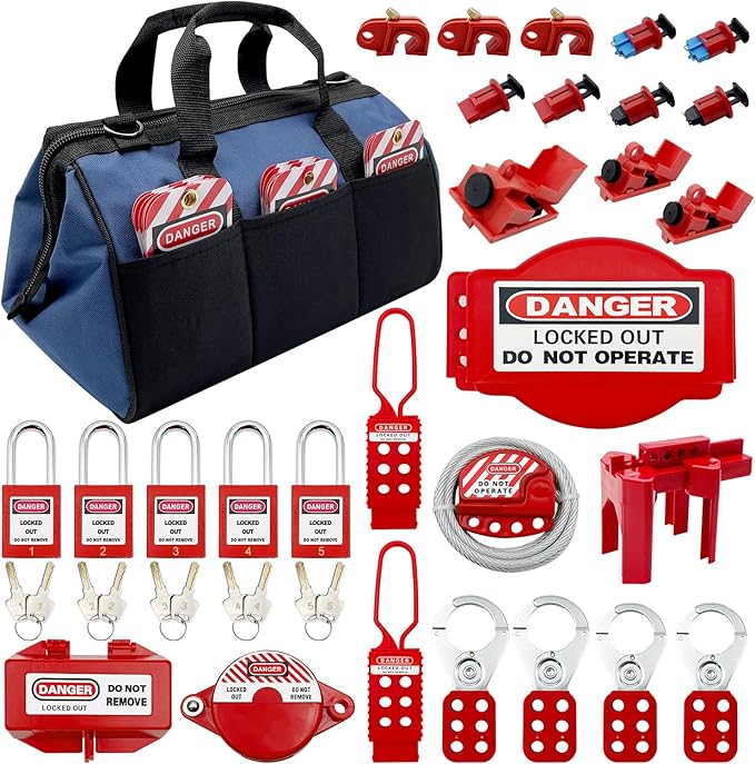 JOJOMARK Lockout Tagout Kit - Clamp-On Circuit Breaker Lockout, Group Lockout Hasps, Lockout Tag, Universal Multi- Pole Breaker with Pocket Bag (Blue Bag kit)