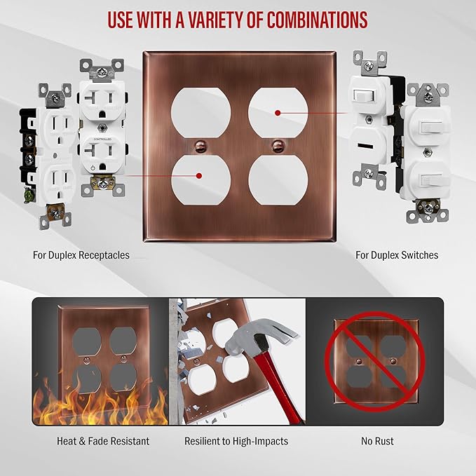 ENERLITES Antique Copper Double Duplex Receptacle Metal Wall Plate, Outlet Cover, Corrosion Resistant, Standard Size 2-Gang 4.50" x 4.57", Stainless Steel 201, 7722-AC
