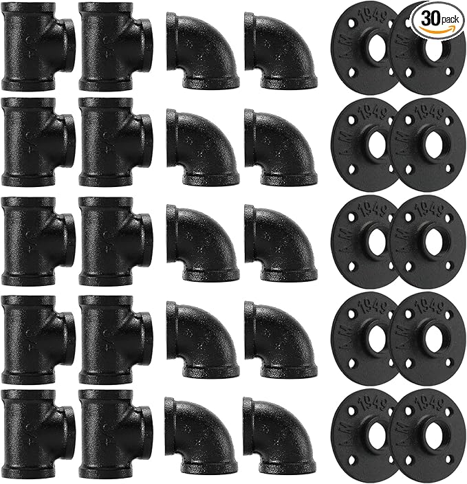 3/4"Black Pipe Fitting, Home TZH 30 Pack Floor Flange/Elbow/Tee Combo for Industrial vintage style, Flanges/Elbow/Tee with Threaded Hole for DIY Project/Furniture/Shelving(30, Black 3/4")