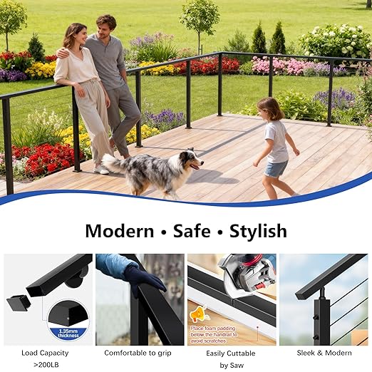 2Pack 4FT T304 Stainless Steel Black Handrail with End Cap Kits for Cable Railing System Posts Kit, Cuttable Rectangular Handrails Flat Top Rail - 2.36" W x 1.18" H