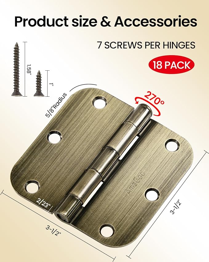Atique Brass Door Hinges - 18 Pack Atique Door Hinges 3.5 Inch Rounded Interior Door Hinge with 5/8" Radius - Heavy Duty 3 1/2" Brass Hinges for Residential Door Hardware