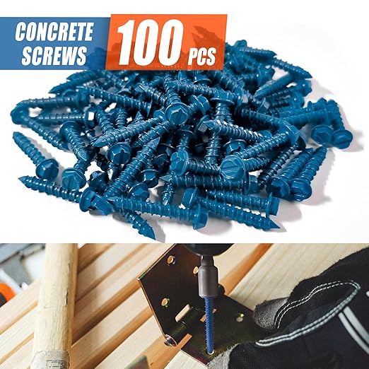 100Pcs 3/16" x1-1/4 Concrete Screws with Drill Bit, Hex Head Concrete Cement Screws Anchor Assortment Kit for Masonry, Block Brick or Stucco
