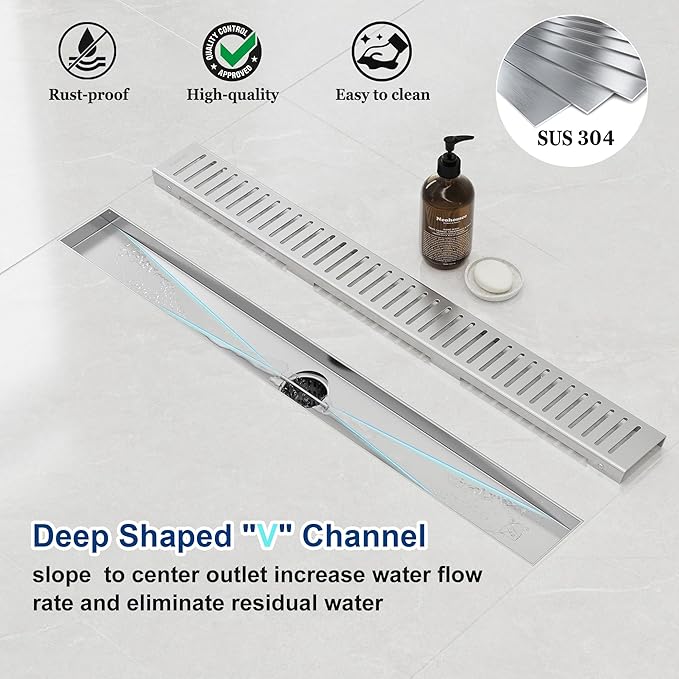 Neodrain 28" Brushed Linear Shower Drain Shower Linear Drain, Removable Capsule Pattern Grate, Bathroom 304 Stainless Steel Rectangle Shower Floor Drains- CUPC Certified