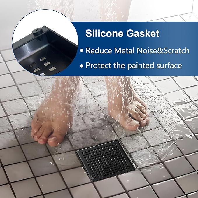 Neodrain 6 Inch Square Shower Drain, 304 Stainless Steel Bathroom Drainage with Removable Quadrato Pattern Grate, PVC Shower Drain Base, Hair Strainer for Bathroom Floor Drains, Matte Black