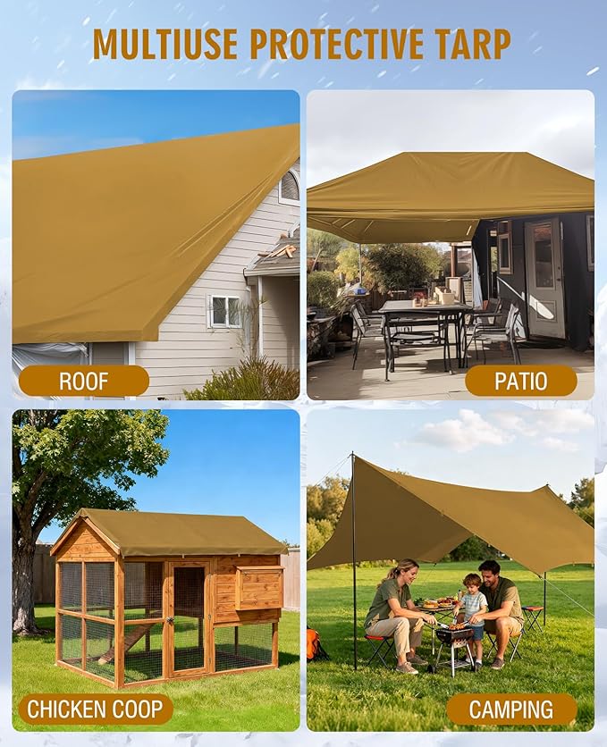 HIRALIY 20 Mil Heavy Duty Waterproof Tarp, 10.5x20ft Brown Tarpaulin with Reinforced Webbing Loops, Multipurpose Oxford Fabric Tarp for Firewood, Roof, Camping, Pool