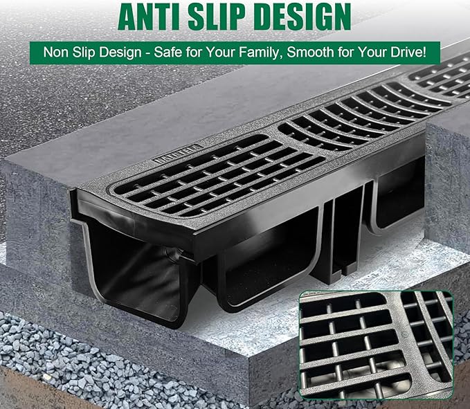 B Class Driveway Channel Drain with HDPE Grate-19.7Lx5.5Wx3.9H in. Shallow Profile Trench Drain System,12 Pack Total Length 236.22in,Heavy Duty Trench Drain for Garage,Parking Lot,Concrete