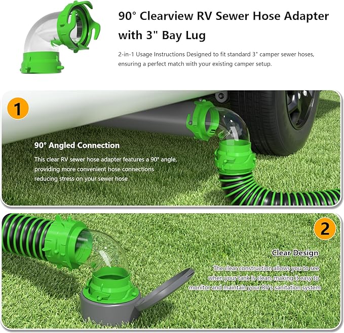 6-in-1 Clear RV Sewer Hose Elbow with 4 Sizes of Dump Station Inlets Adapter and Built-in Gasket Odor - Fits All Brand Sewer Hoses