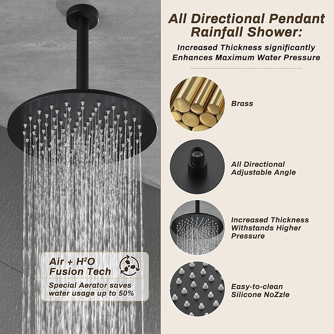 Rain Shower System Matte Black - 3-Function Shower Set, Ceiling & Wall Mount Combo with High-Pressure 2-in-1 Handheld, 30-Minute Easy DIY Install