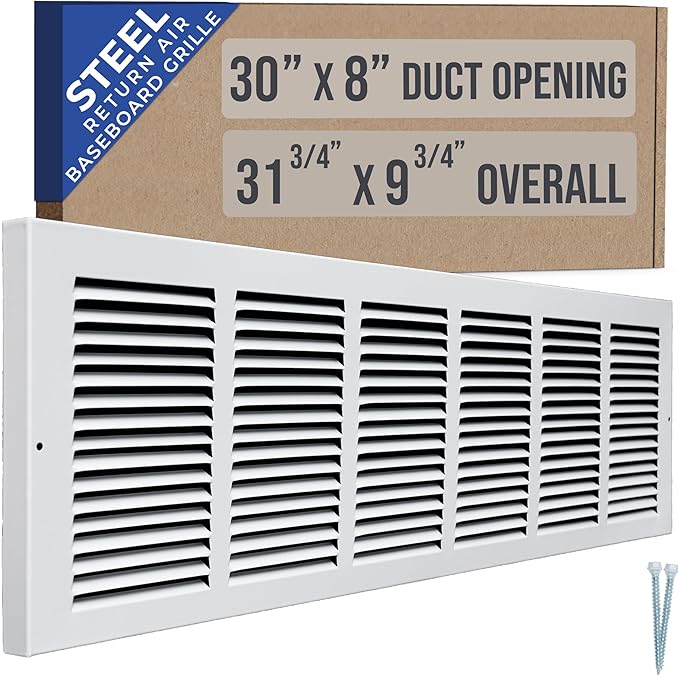 Fits 30x8 Duct Opening | Steel Baseboard Return Air Grille by Handua | Vent Cover Grill | 7/8" Margin Turnback [Depth] to Fit Baseboard | White | Outer Dimensions: 31.75"W X 9.75 "H