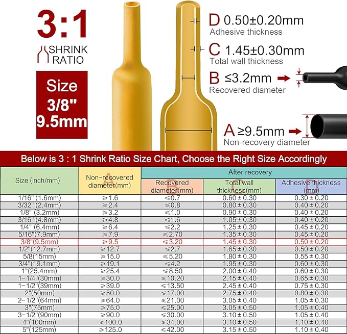 Chanzon 3:1 Ratio 3/8" (9.5mm) Heat Shrink Tubing - Marine Grade Waterproof Adhesive Lined - 8Ft Roll (2.5M Total Length) Yellow Polyolefin Sleeving Wrap Shrinking 3 to 1 Ratio 1pcs